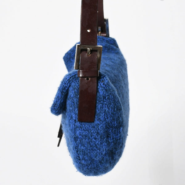 FENDI フェンディ マンマバケットワンショルダーバッグ ウールニット ブルー ブラウン レザー シルバー金具 美品 中古 4a008321