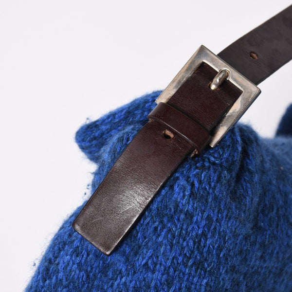 FENDI フェンディ マンマバケットワンショルダーバッグ ウールニット ブルー ブラウン レザー シルバー金具 美品 中古 4a008321