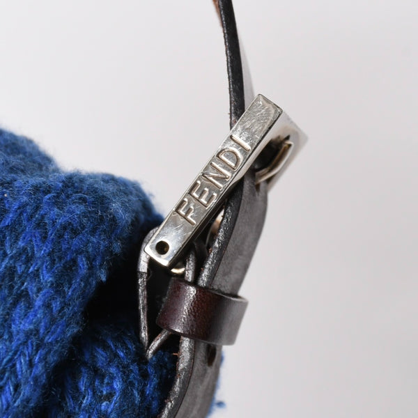FENDI フェンディ マンマバケットワンショルダーバッグ ウールニット ブルー ブラウン レザー シルバー金具 美品 中古 4a008321