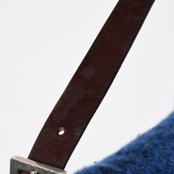 FENDI フェンディ マンマバケットワンショルダーバッグ ウールニット ブルー ブラウン レザー シルバー金具 美品 中古 4a008321