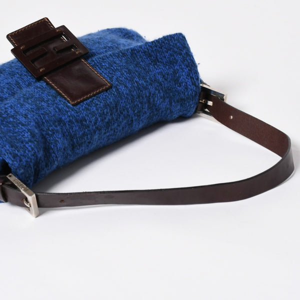 FENDI フェンディ マンマバケットワンショルダーバッグ ウールニット ブルー ブラウン レザー シルバー金具 美品 中古 4a008321