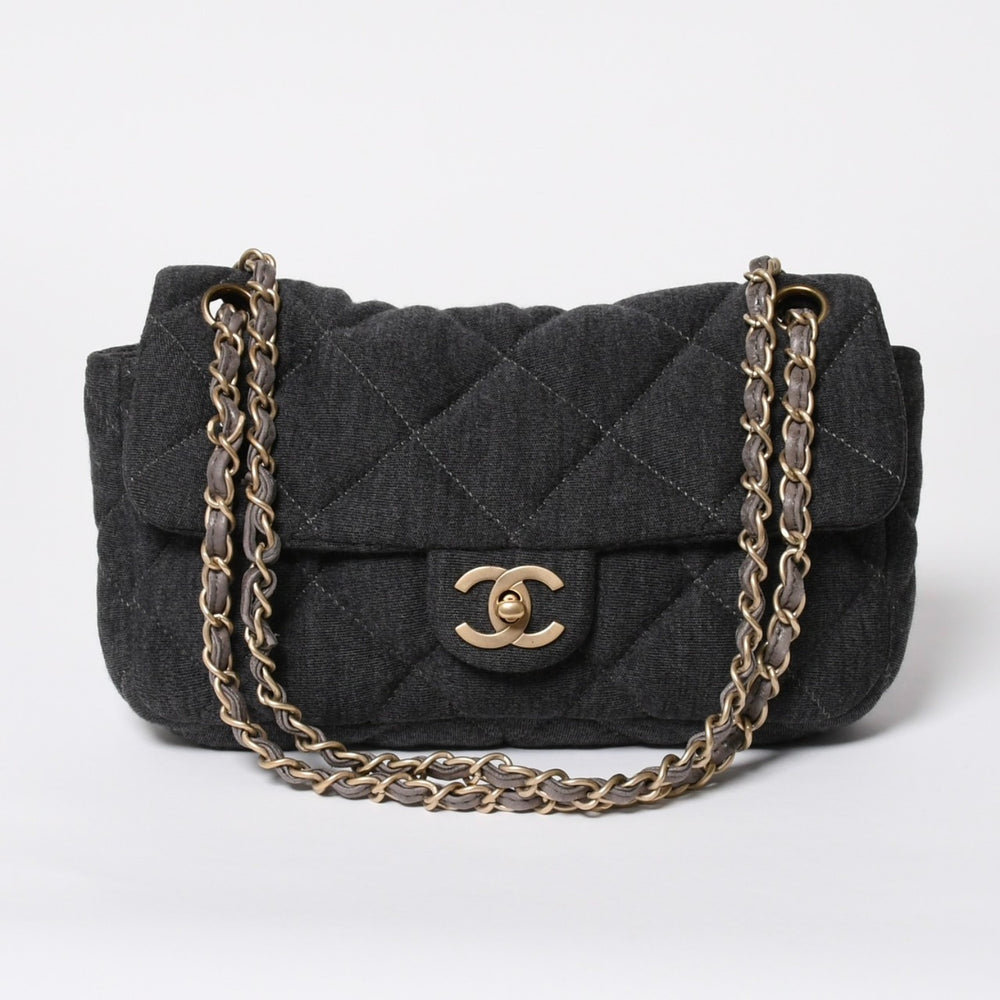 極美品 CHANEL シャネル マトラッセ25 Wチェーン Sフラップ ショルダーバッグ 11番台 ココマーク コットンジャージー グレー 中古 4a008347