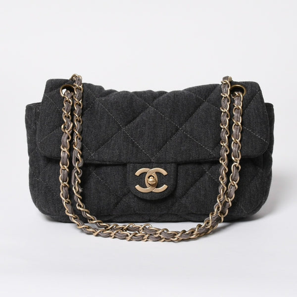 極美品 CHANEL シャネル マトラッセ25 Wチェーン Sフラップ ショルダーバッグ 11番台 ココマーク コットンジャージー グレー 中古 4a008347