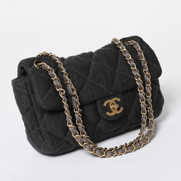 極美品 CHANEL シャネル マトラッセ25 Wチェーン Sフラップ ショルダーバッグ 11番台 ココマーク コットンジャージー グレー 中古 4a008347