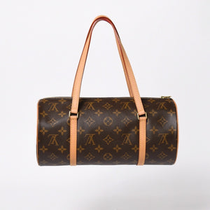 新品同様 LOUIS VUITTON ルイヴィトン パピヨン30 ハンドバッグ M51385 筒型 モノグラム PVC レザー ブラウン 中古 4a008344