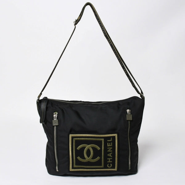 極美品 CHANEL シャネル スポーツライン ショルダーバッグ ココマーク 刺繍 ブラック カーキ グリーン 10番台 中古 4a008346