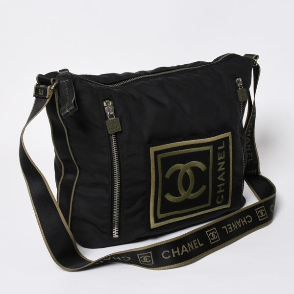 極美品 CHANEL シャネル スポーツライン ショルダーバッグ ココマーク 刺繍 ブラック カーキ グリーン 10番台 中古 4a008346