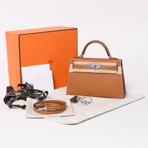 新品未使用品 HERMES エルメス ミニケリー2 Mini Kelly2 G刻印 ミニハンドバッグ ゴールド シルバー金具 外縫い 2WAY 中古 4a008359