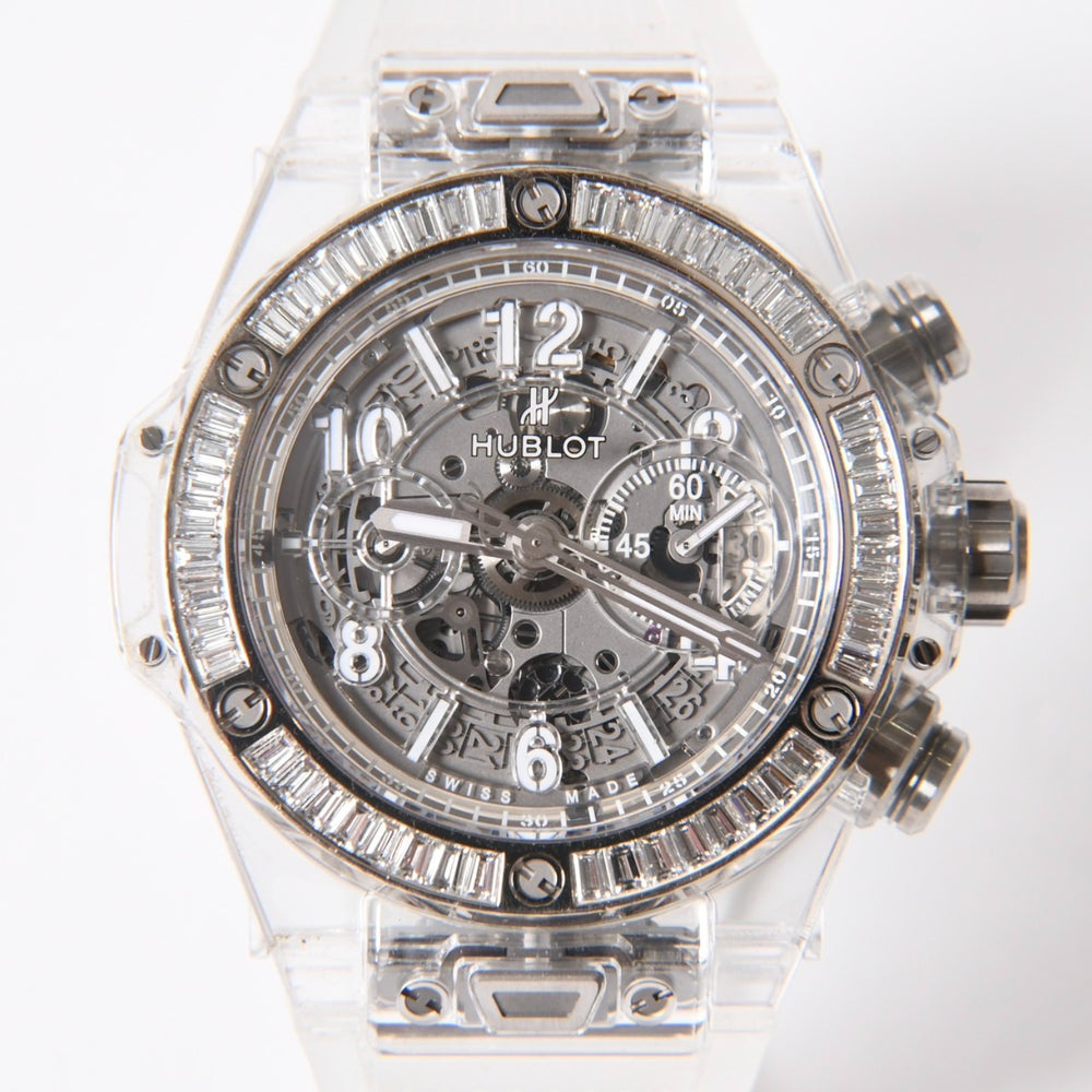 新品同様 HUBLOT ウブロ クリスタル ウニコ サファイア バゲット 411.JX.4802.RT.1904 中古 4a007918