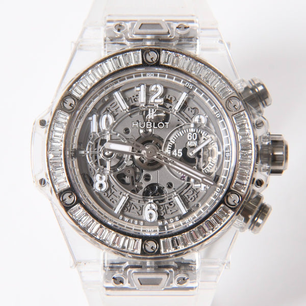 新品同様 HUBLOT ウブロ クリスタル ウニコ サファイア バゲット 411.JX.4802.RT.1904 中古 4a007918