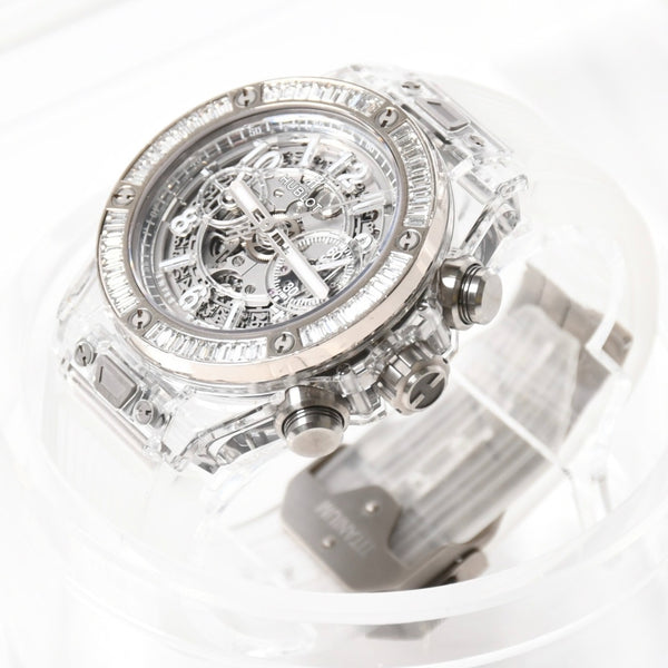 新品同様 HUBLOT ウブロ クリスタル ウニコ サファイア バゲット 411.JX.4802.RT.1904 中古 4a007918