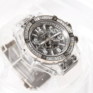 新品同様 HUBLOT ウブロ クリスタル ウニコ サファイア バゲット 411.JX.4802.RT.1904 中古 4a007918