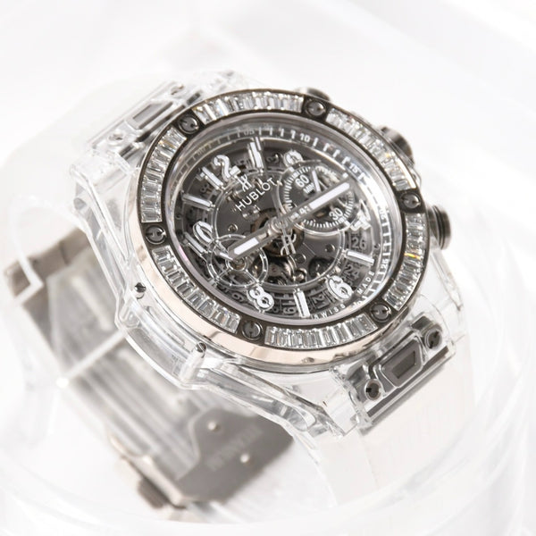 新品同様 HUBLOT ウブロ クリスタル ウニコ サファイア バゲット 411.JX.4802.RT.1904 中古 4a007918