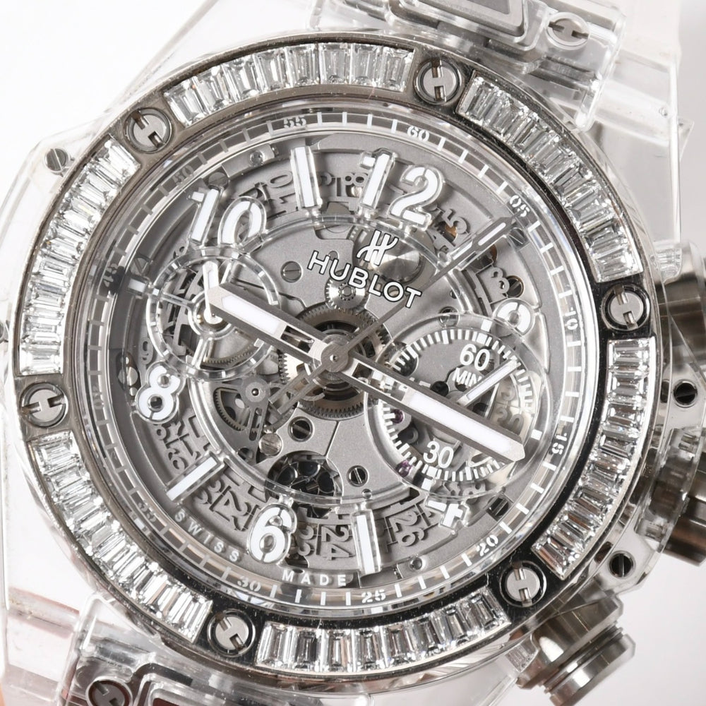 新品同様 HUBLOT ウブロ クリスタル ウニコ サファイア バゲット 411.JX.4802.RT.1904 中古 4a007918