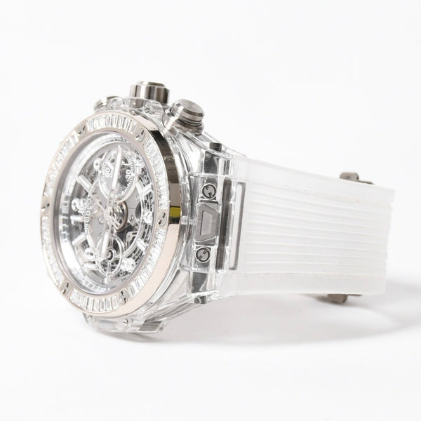 新品同様 HUBLOT ウブロ クリスタル ウニコ サファイア バゲット 411.JX.4802.RT.1904 中古 4a007918