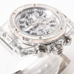 新品同様 HUBLOT ウブロ クリスタル ウニコ サファイア バゲット 411.JX.4802.RT.1904 中古 4a007918