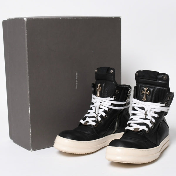 Like new short tongue Rick Owens × CHROME HEARTS Geobasket sneakers size 42 black white used 4a008363