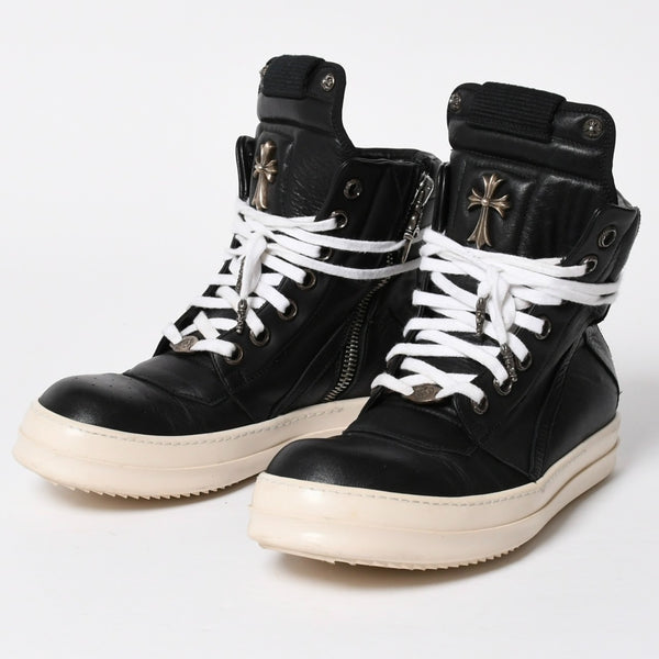Like new short tongue Rick Owens × CHROME HEARTS Geobasket sneakers size 42 black white used 4a008363