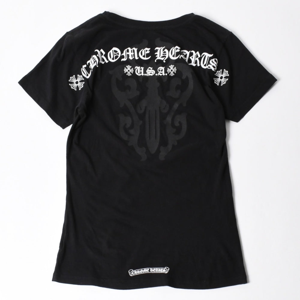 極美品 CHROME HEARTS クロムハーツ レディースプリントTシャツ Mサイズ CHプラス ヴァインダガー スクロールラベル ブラック 中古 4a008311