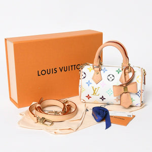 新品同様 LOUIS VUITTON ルイヴィトン ナノ スピーディ ハンドバッグ M13391 モノグラム マルチカラー ホワイト 村上隆 中古 4a008377