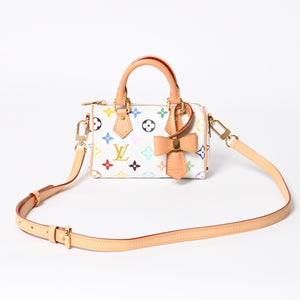 新品同様 LOUIS VUITTON ルイヴィトン ナノ スピーディ ハンドバッグ M13391 モノグラム マルチカラー ホワイト 村上隆 中古 4a008377