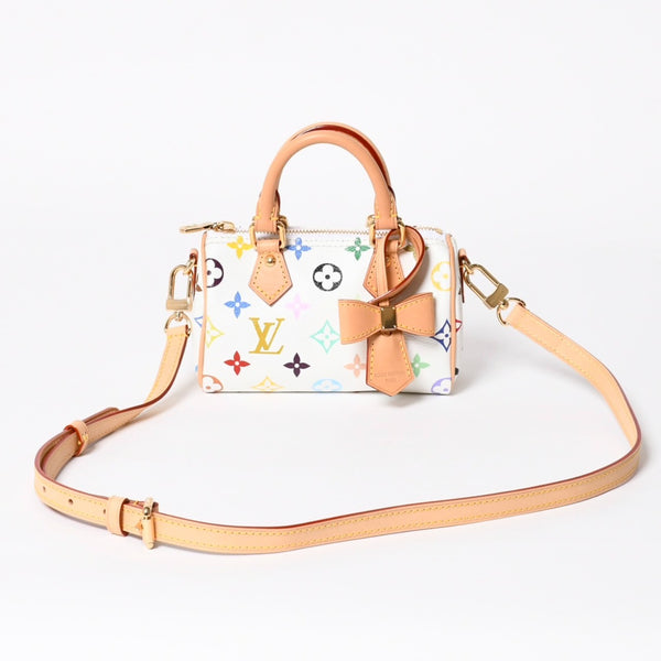 新品同様 LOUIS VUITTON ルイヴィトン ナノ スピーディ ハンドバッグ M13391 モノグラム マルチカラー ホワイト 村上隆 中古 4a008377