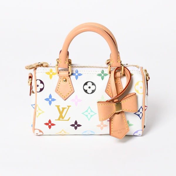新品同様 LOUIS VUITTON ルイヴィトン ナノ スピーディ ハンドバッグ M13391 モノグラム マルチカラー ホワイト 村上隆 中古 4a008377