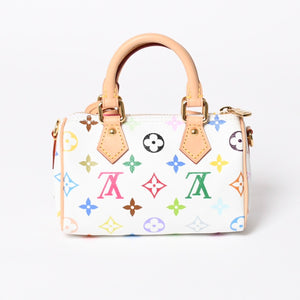 新品同様 LOUIS VUITTON ルイヴィトン ナノ スピーディ ハンドバッグ M13391 モノグラム マルチカラー ホワイト 村上隆 中古 4a008377