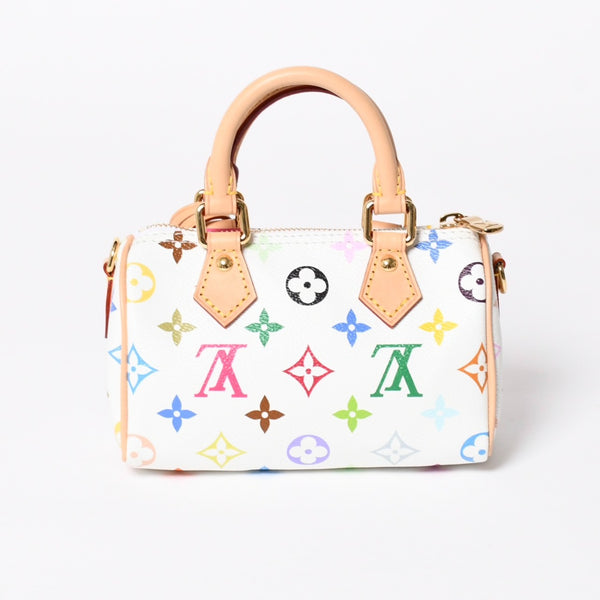 新品同様 LOUIS VUITTON ルイヴィトン ナノ スピーディ ハンドバッグ M13391 モノグラム マルチカラー ホワイト 村上隆 中古 4a008377