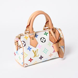 新品同様 LOUIS VUITTON ルイヴィトン ナノ スピーディ ハンドバッグ M13391 モノグラム マルチカラー ホワイト 村上隆 中古 4a008377