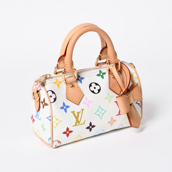 新品同様 LOUIS VUITTON ルイヴィトン ナノ スピーディ ハンドバッグ M13391 モノグラム マルチカラー ホワイト 村上隆 中古 4a008377