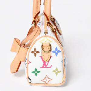 新品同様 LOUIS VUITTON ルイヴィトン ナノ スピーディ ハンドバッグ M13391 モノグラム マルチカラー ホワイト 村上隆 中古 4a008377