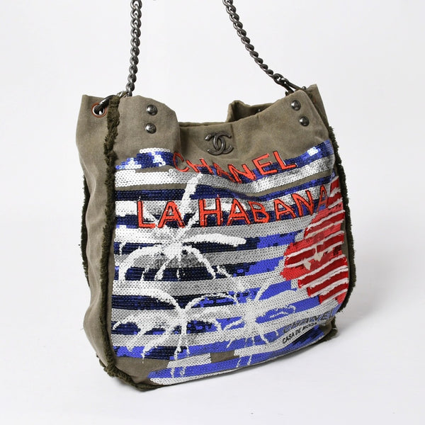極美品 CHANEL シャネル クルーズライン LA HABANA ハバナ チェーンワンショルダーバッグ A93674 23番台 スパンコール カーキ 中古 4a008672