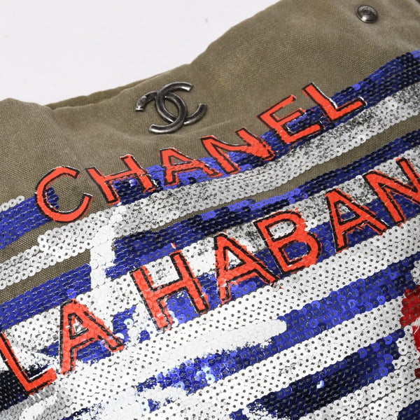 極美品 CHANEL シャネル クルーズライン LA HABANA ハバナ チェーンワンショルダーバッグ A93674 23番台 スパンコール カーキ 中古 4a008672