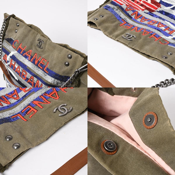 極美品 CHANEL シャネル クルーズライン LA HABANA ハバナ チェーンワンショルダーバッグ A93674 23番台 スパンコール カーキ 中古 4a008672
