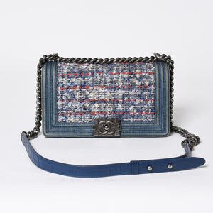 極美品 CHANEL シャネル ボーイシャネル ショルダーバッグ A67086 19番台 デニム ツイード ブルー マルチカラー ブラックメタル金具 中古 4b011847