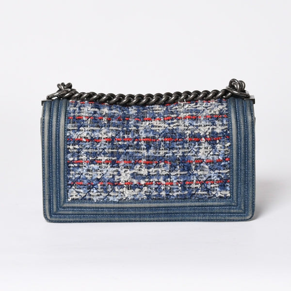 極美品 CHANEL シャネル ボーイシャネル ショルダーバッグ A67086 19番台 デニム ツイード ブルー マルチカラー ブラックメタル金具 中古 4b011847
