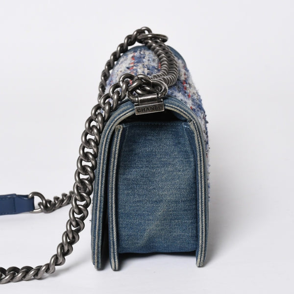 極美品 CHANEL シャネル ボーイシャネル ショルダーバッグ A67086 19番台 デニム ツイード ブルー マルチカラー ブラックメタル金具 中古 4b011847