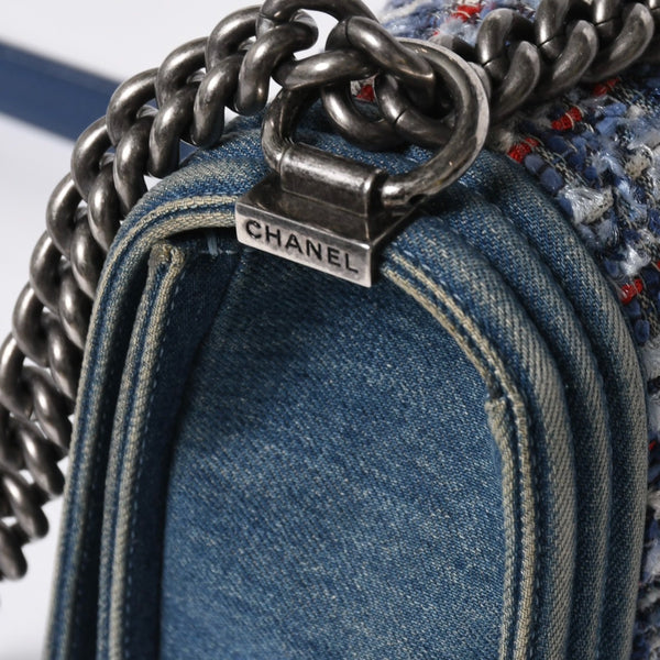 極美品 CHANEL シャネル ボーイシャネル ショルダーバッグ A67086 19番台 デニム ツイード ブルー マルチカラー ブラックメタル金具 中古 4b011847