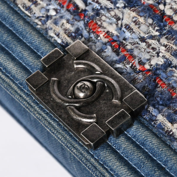 極美品 CHANEL シャネル ボーイシャネル ショルダーバッグ A67086 19番台 デニム ツイード ブルー マルチカラー ブラックメタル金具 中古 4b011847