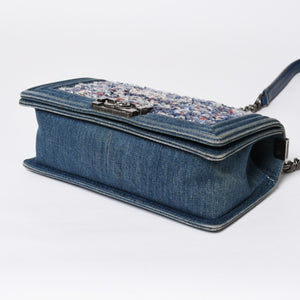 極美品 CHANEL シャネル ボーイシャネル ショルダーバッグ A67086 19番台 デニム ツイード ブルー マルチカラー ブラックメタル金具 中古 4b011847