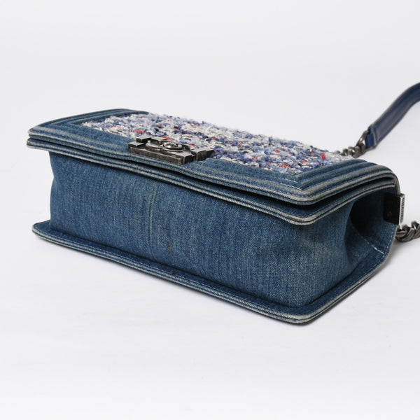 極美品 CHANEL シャネル ボーイシャネル ショルダーバッグ A67086 19番台 デニム ツイード ブルー マルチカラー ブラックメタル金具 中古 4b011847