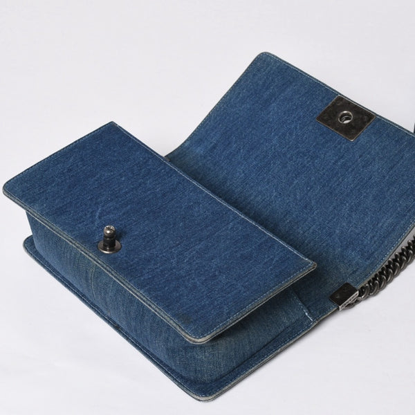 極美品 CHANEL シャネル ボーイシャネル ショルダーバッグ A67086 19番台 デニム ツイード ブルー マルチカラー ブラックメタル金具 中古 4b011847