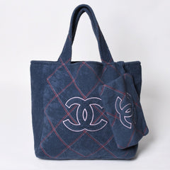 新品同様品 CHANEL シャネル ココビーチ ココマーク トートバッグ ハンドバッグ ネイビー ピンク パイル生地 中古 4a008688