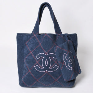新品同様品 CHANEL シャネル ココビーチ ココマーク トートバッグ ハンドバッグ ネイビー ピンク パイル生地 中古 4a008688