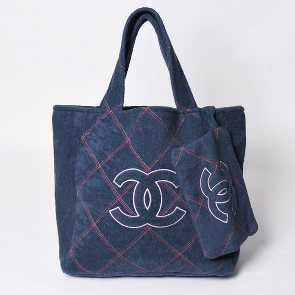 新品同様品 CHANEL シャネル ココビーチ ココマーク トートバッグ ハンドバッグ ネイビー ピンク パイル生地 中古 4a008688