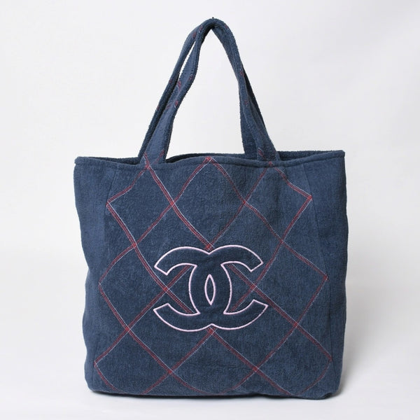 新品同様品 CHANEL シャネル ココビーチ ココマーク トートバッグ ハンドバッグ ネイビー ピンク パイル生地 中古 4a008688