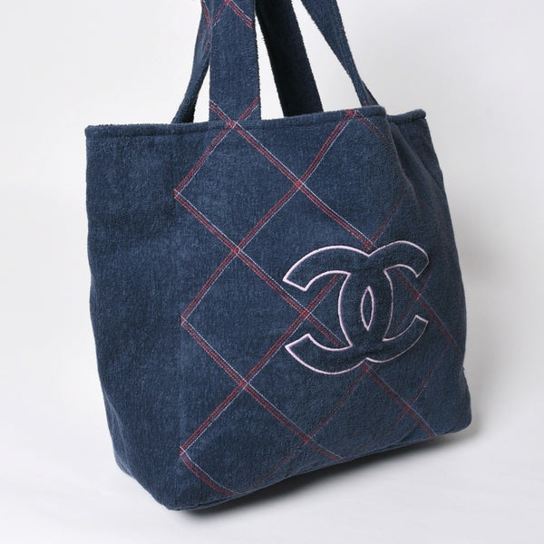 新品同様品 CHANEL シャネル ココビーチ ココマーク トートバッグ ハンドバッグ ネイビー ピンク パイル生地 中古 4a008688