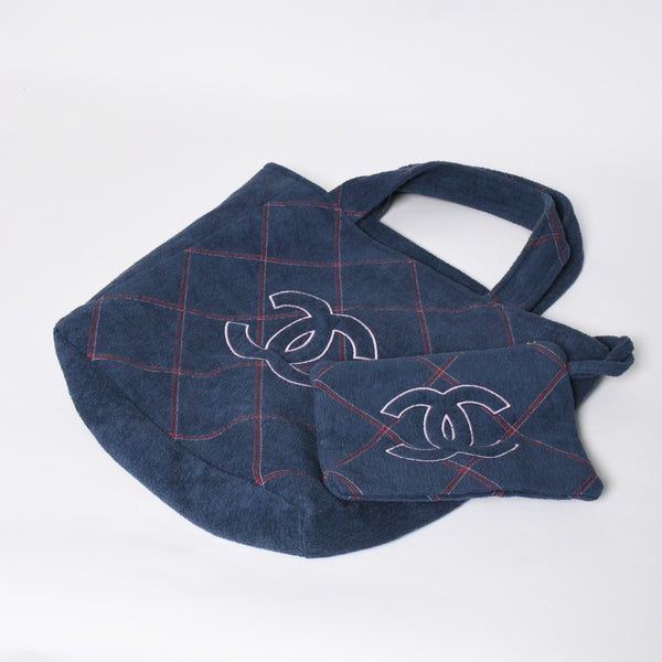 新品同様品 CHANEL シャネル ココビーチ ココマーク トートバッグ ハンドバッグ ネイビー ピンク パイル生地 中古 4a008688