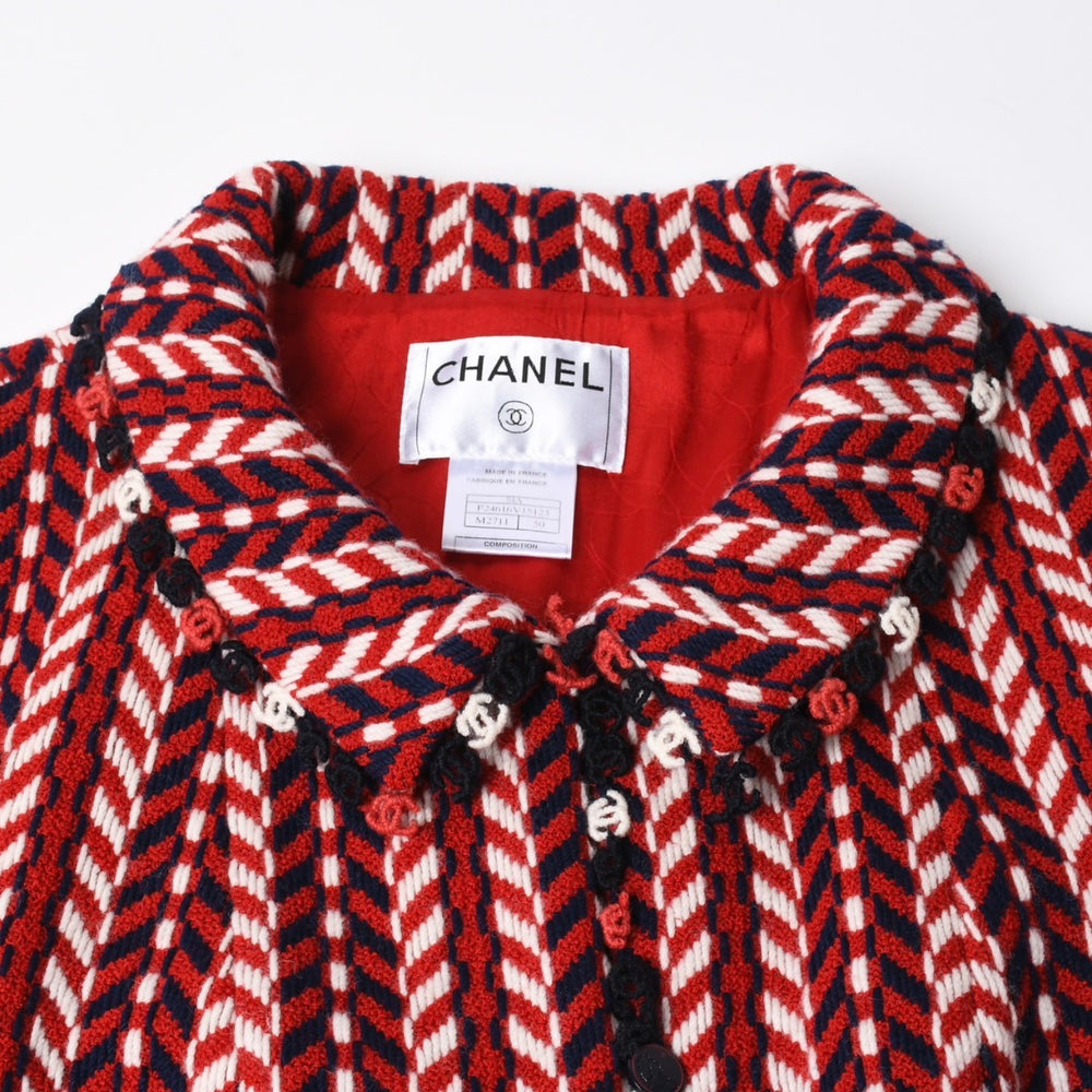 極美品 CHANEL シャネル ツイードジャケット P24616V15123 サイズ50 ココマーク メンズ レッド ネイビー ホワイト 中古 4a008714